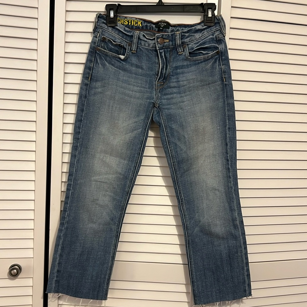 J. Crew matchstick jeans, light wash, 26S, self cropped with frayed edge